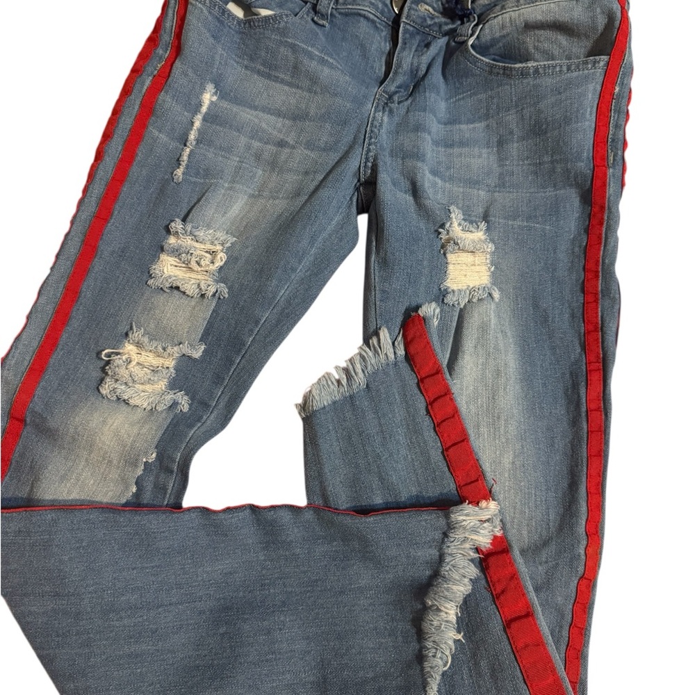 VIP Distressed Skinny Jeans with Red Trim - Picture 3 of 5